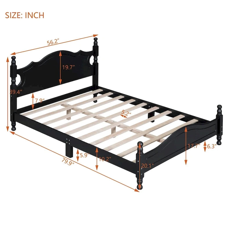 Retro Pine Platform Bed with Headboard and Footboard
