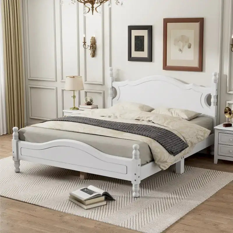 Retro Pine Platform Bed with Headboard and Footboard