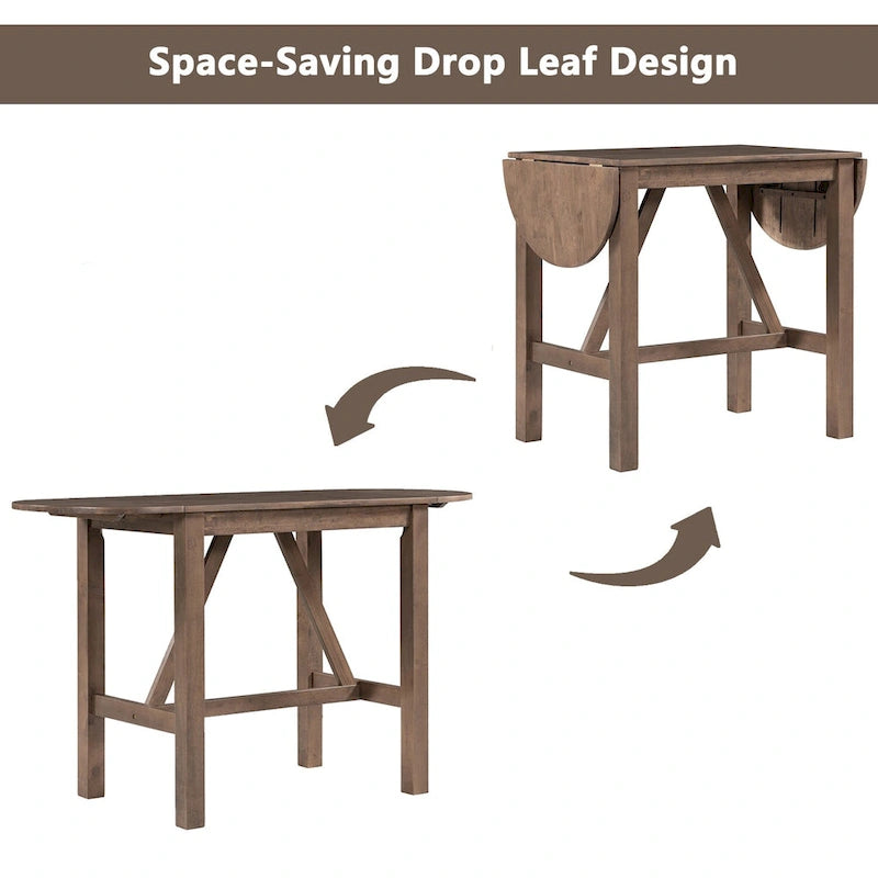 Rustic Style Wooden 3-Piece Dining Table Set with Drop Leaf and 2 Upholstered Dining Chairs