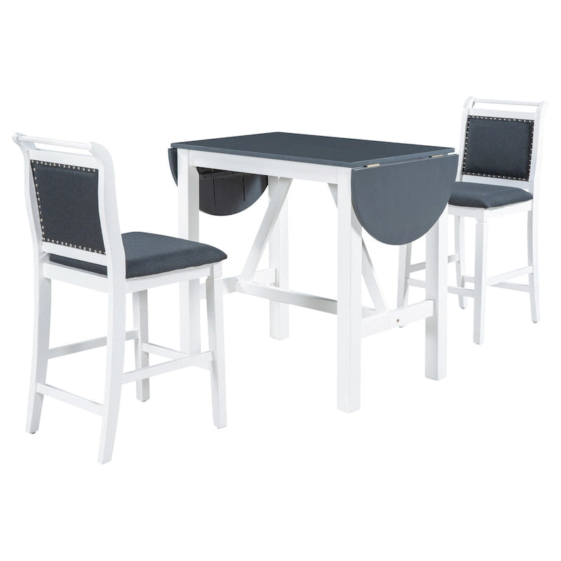 Rustic Style Wooden 3-Piece Dining Table Set with Drop Leaf and 2 Upholstered Dining Chairs