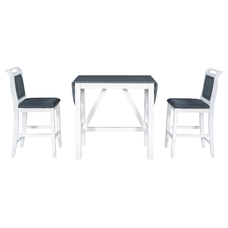 Rustic Style Wooden 3-Piece Dining Table Set with Drop Leaf and 2 Upholstered Dining Chairs