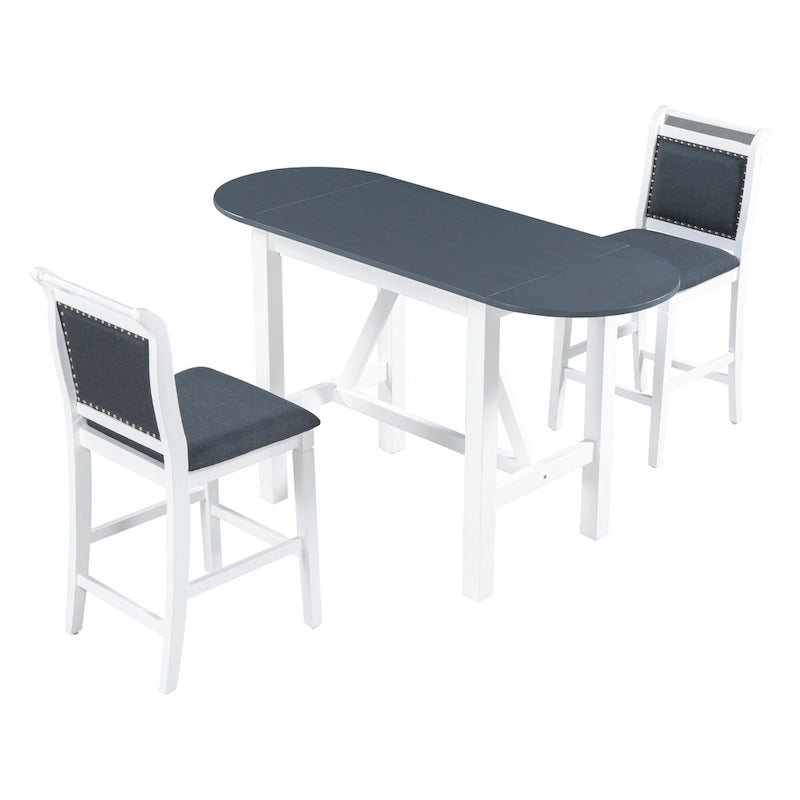 Rustic Style Wooden 3-Piece Dining Table Set with Drop Leaf and 2 Upholstered Dining Chairs