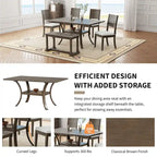 Modern Style 6-Piece Dining Table Set with 4 Removable Cushions Dining Chairs, Storage Shelf and Bench
