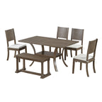 Modern Style 6-Piece Dining Table Set with 4 Removable Cushions Dining Chairs, Storage Shelf and Bench