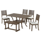 Modern Style 6-Piece Dining Table Set with 4 Removable Cushions Dining Chairs, Storage Shelf and Bench