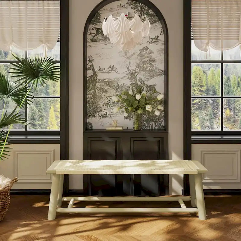 Farmhouse Modern Solid Wood Rattan Bench - 59 Inch Indoor & Covered Outdoor Bench Walnut Finish Multi-Functional Design