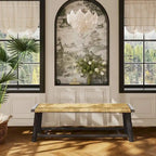 Farmhouse Modern Solid Wood Rattan Bench - 59 Inch Indoor & Covered Outdoor Bench Walnut Finish Multi-Functional Design