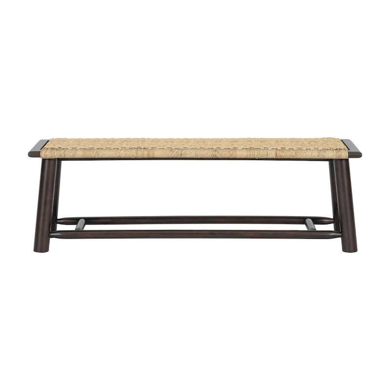 Farmhouse Modern Solid Wood Rattan Bench - 59 Inch Indoor & Covered Outdoor Bench Walnut Finish Multi-Functional Design