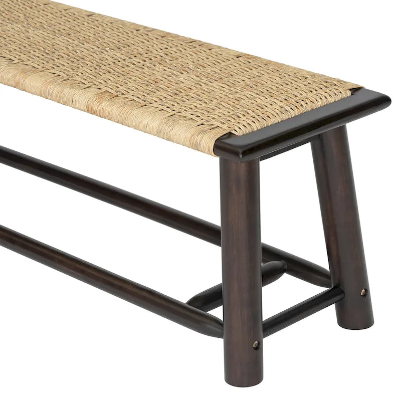 Farmhouse Modern Solid Wood Rattan Bench - 59 Inch Indoor & Covered Outdoor Bench Walnut Finish Multi-Functional Design
