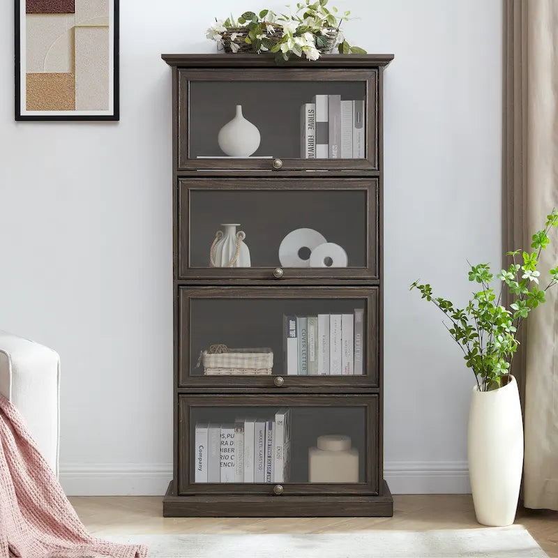 63.19 4-Tier Glass Display Cabinet with Flip-Up Doors & 150lb Capacity,Space-Saving Curio Showcase for Collectibles