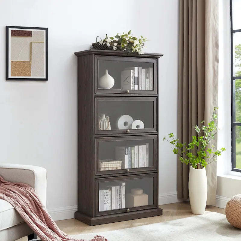 63.19 4-Tier Glass Display Cabinet with Flip-Up Doors & 150lb Capacity,Space-Saving Curio Showcase for Collectibles
