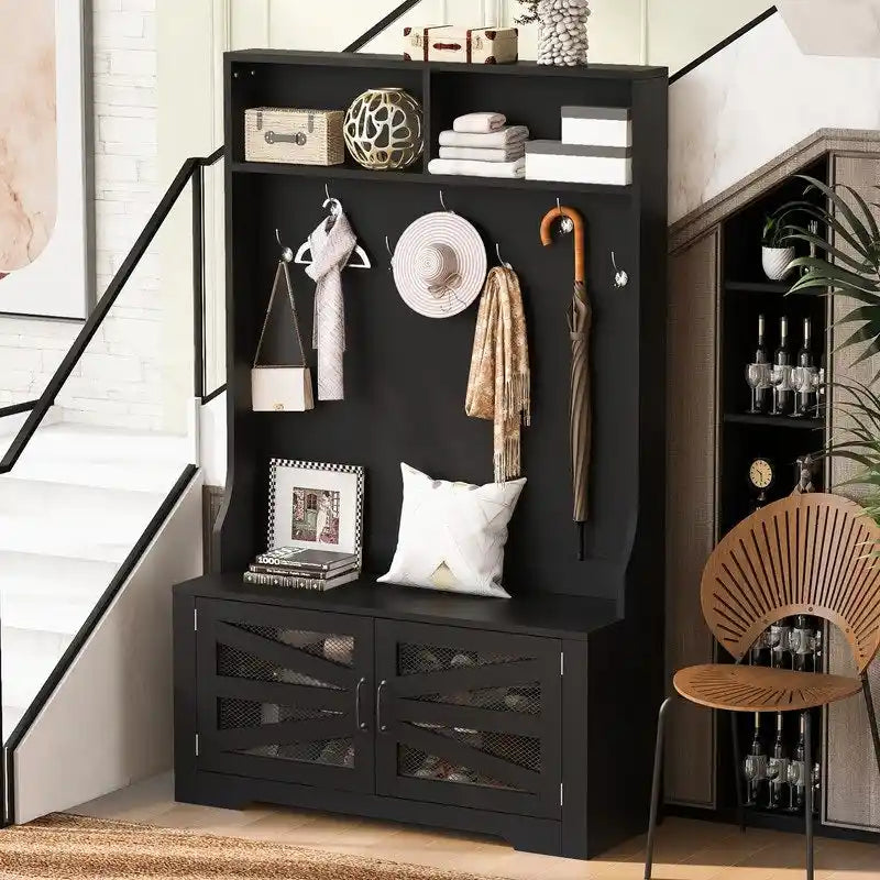 Wide Hall Tree with 10 Shoe Cubbies & 7 Coat Hooks, 43 W Coat Rack with Entryway Bench, 3-in-1 Design and Adjustable Shelves