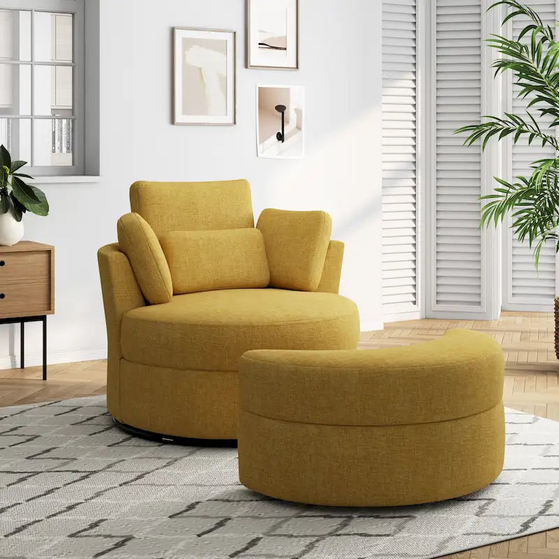 Upholstered Swivel Accent Chair with Wooden Tray Storage Ottoman