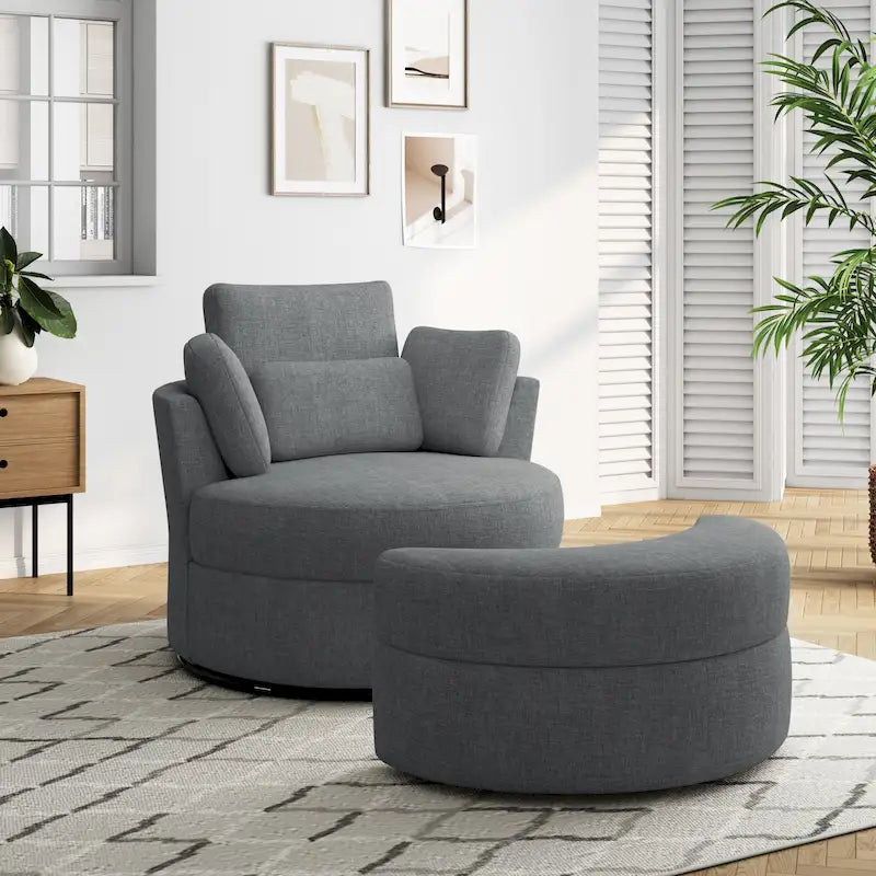 Upholstered Swivel Accent Chair with Wooden Tray Storage Ottoman