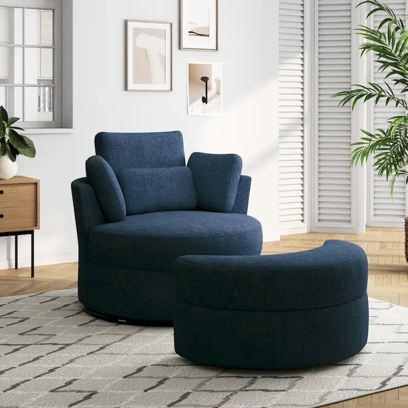 Upholstered Swivel Accent Chair with Wooden Tray Storage Ottoman