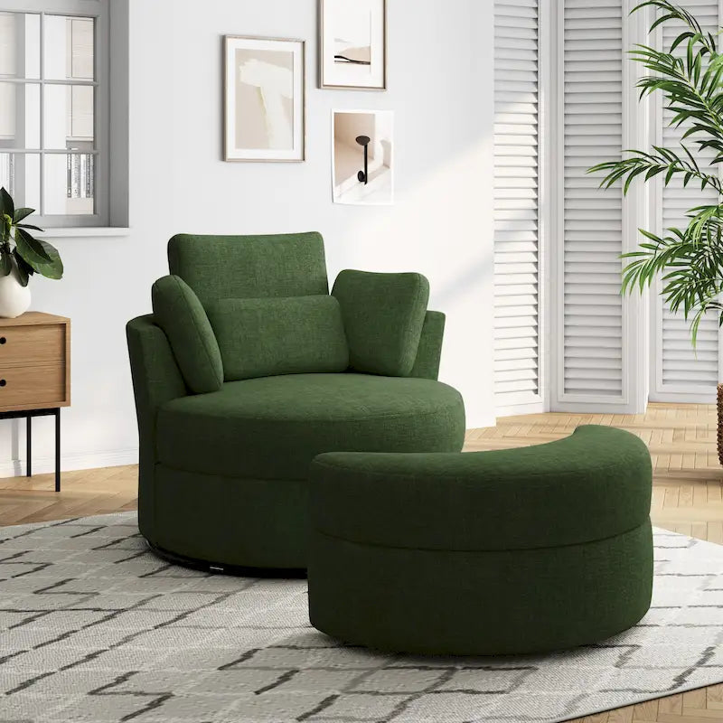 Upholstered Swivel Accent Chair with Wooden Tray Storage Ottoman