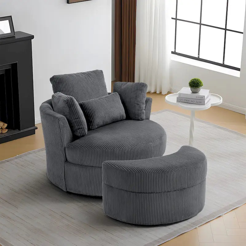 Upholstered Swivel Accent Chair with Wooden Tray Storage Ottoman