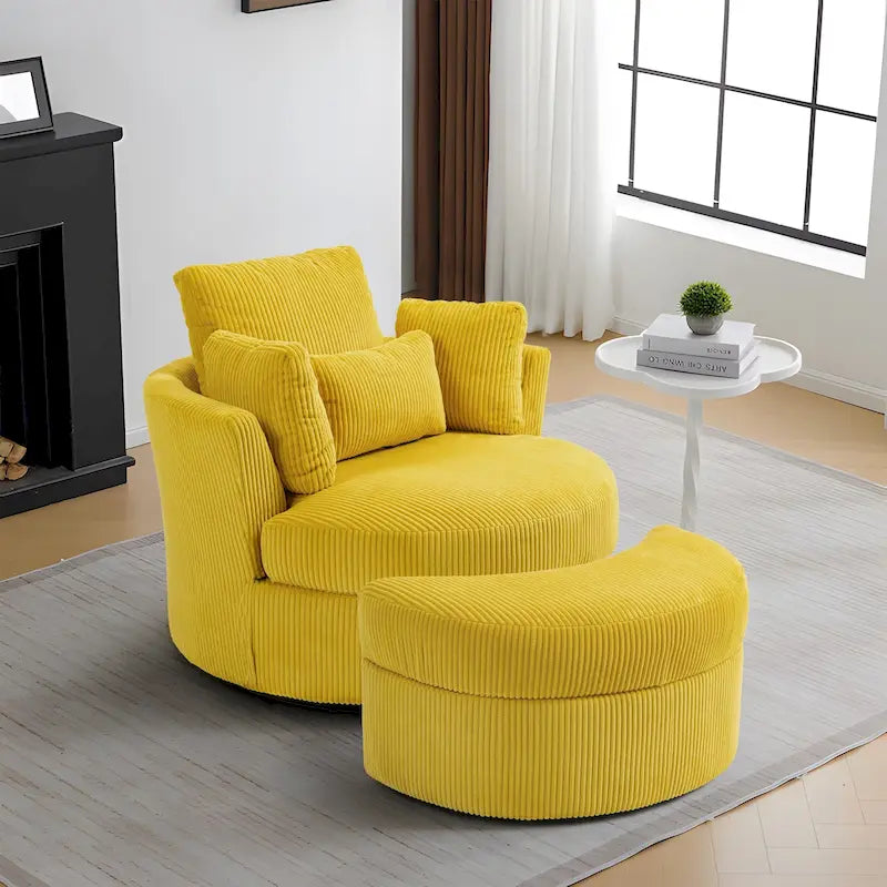 Upholstered Swivel Accent Chair with Wooden Tray Storage Ottoman