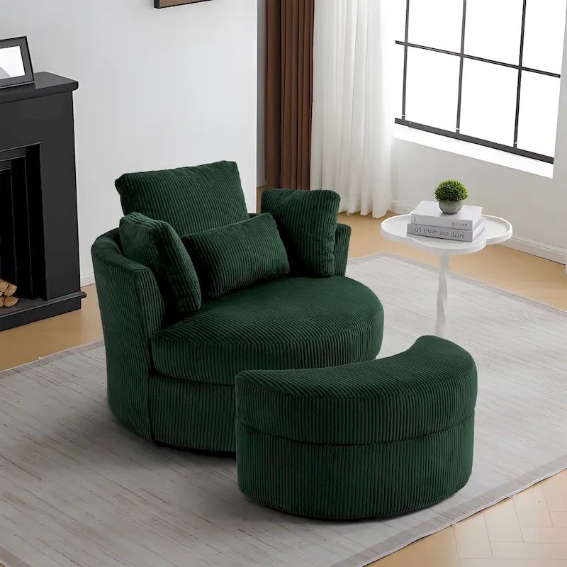 Upholstered Swivel Accent Chair with Wooden Tray Storage Ottoman