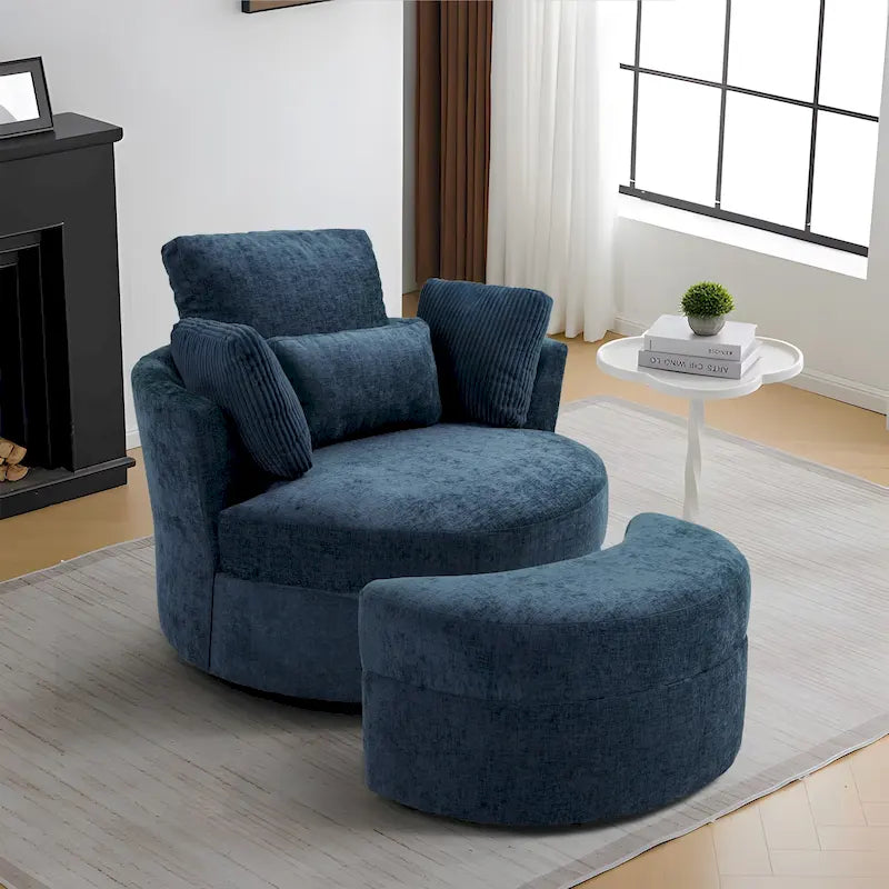 Upholstered Swivel Accent Chair with Wooden Tray Storage Ottoman
