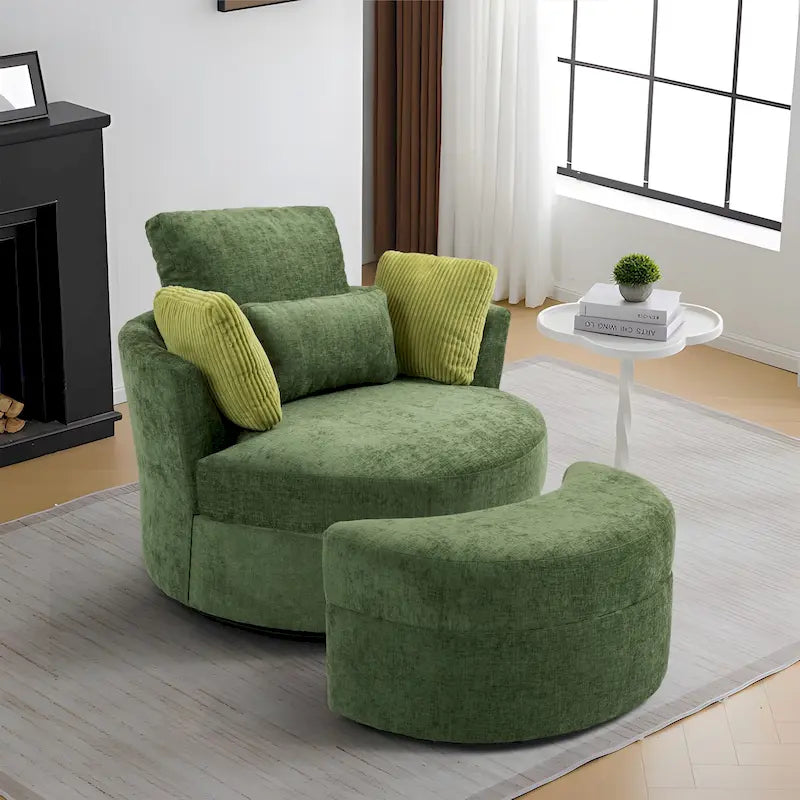 Upholstered Swivel Accent Chair with Wooden Tray Storage Ottoman