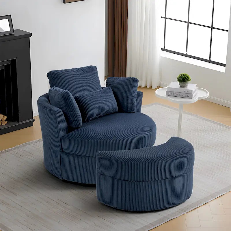 Upholstered Swivel Accent Chair with Wooden Tray Storage Ottoman