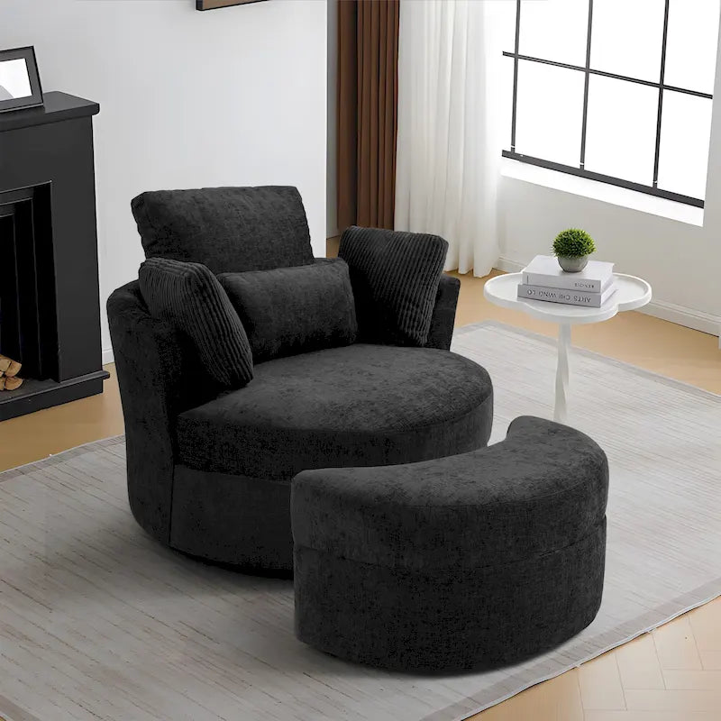 Upholstered Swivel Accent Chair with Wooden Tray Storage Ottoman