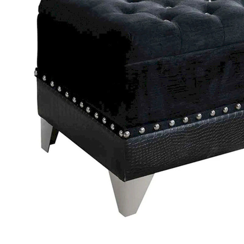 Leatherette Storage Bench with Nailhead Trims and Button Tufted Seat, Black