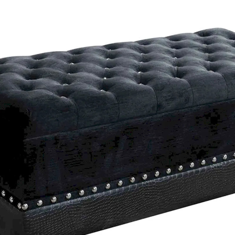 Leatherette Storage Bench with Nailhead Trims and Button Tufted Seat, Black
