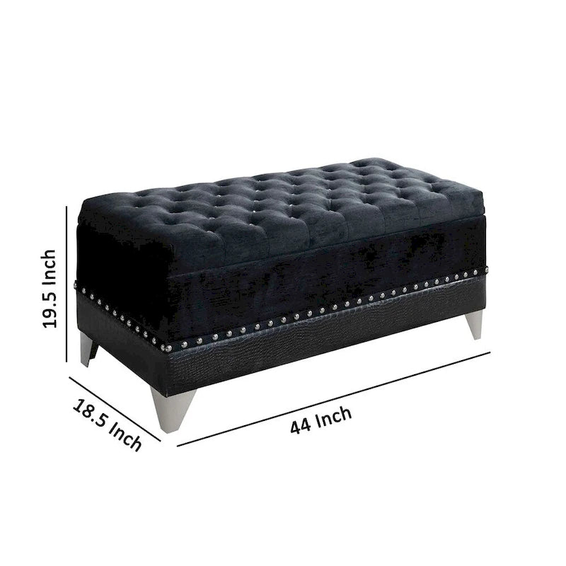Leatherette Storage Bench with Nailhead Trims and Button Tufted Seat, Black