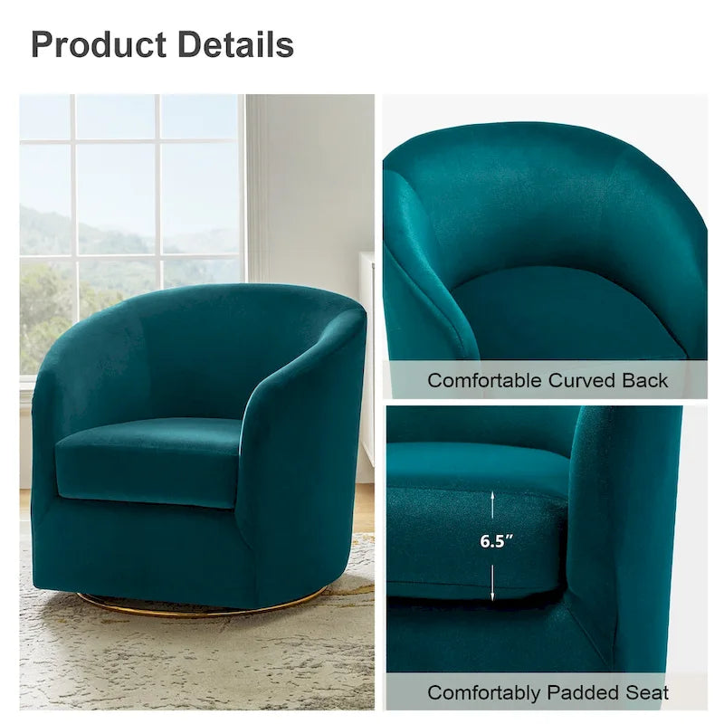 Eleuterio Modern Velvet Curved Swivel Accent Barrel Chair with Metal Base by HULALA HOME