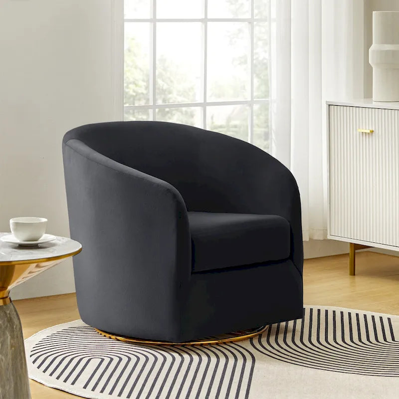 Eleuterio Modern Velvet Curved Swivel Accent Barrel Chair with Metal Base by HULALA HOME
