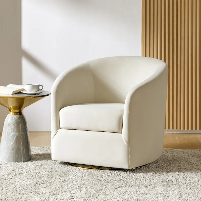 Eleuterio Modern Velvet Curved Swivel Accent Barrel Chair with Metal Base by HULALA HOME