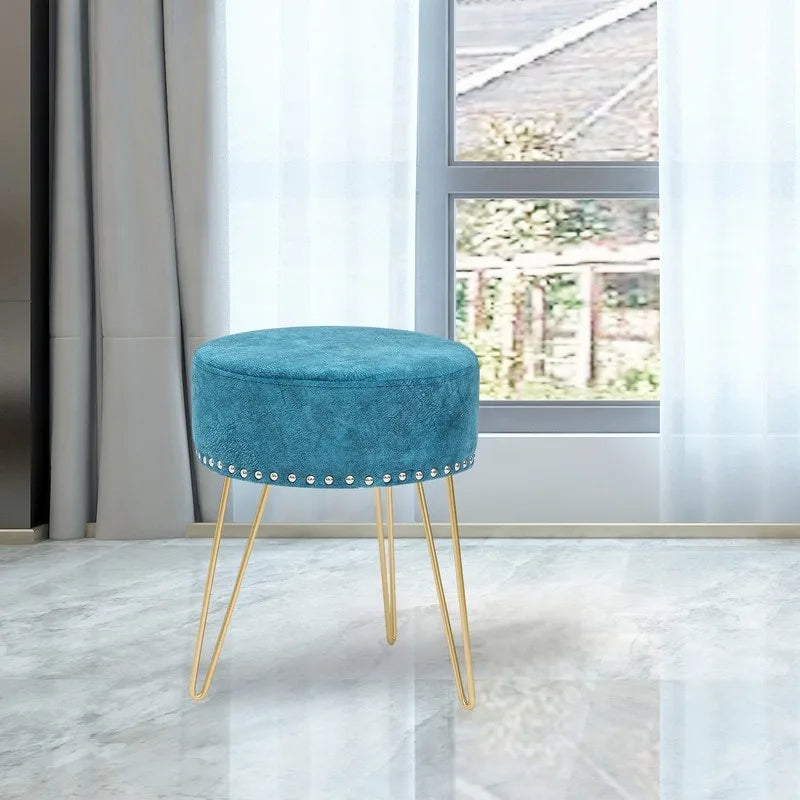 Adeco Round Footstool Ottoman Velvet Dressing Stool Gold Metal Legs