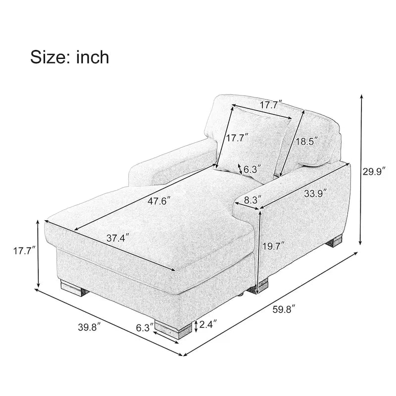 Modern Mid-Century Oversized Chaise Sleeper Sofa with Pillow