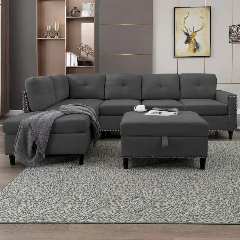 Mixoy L-Shaped Sectional Sofa with 2 Cup Holders,Storage Ottoman