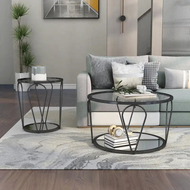 Gable Glam 2-Piece Glass Top Coffee Table Set with Shelf by Furniture of America
