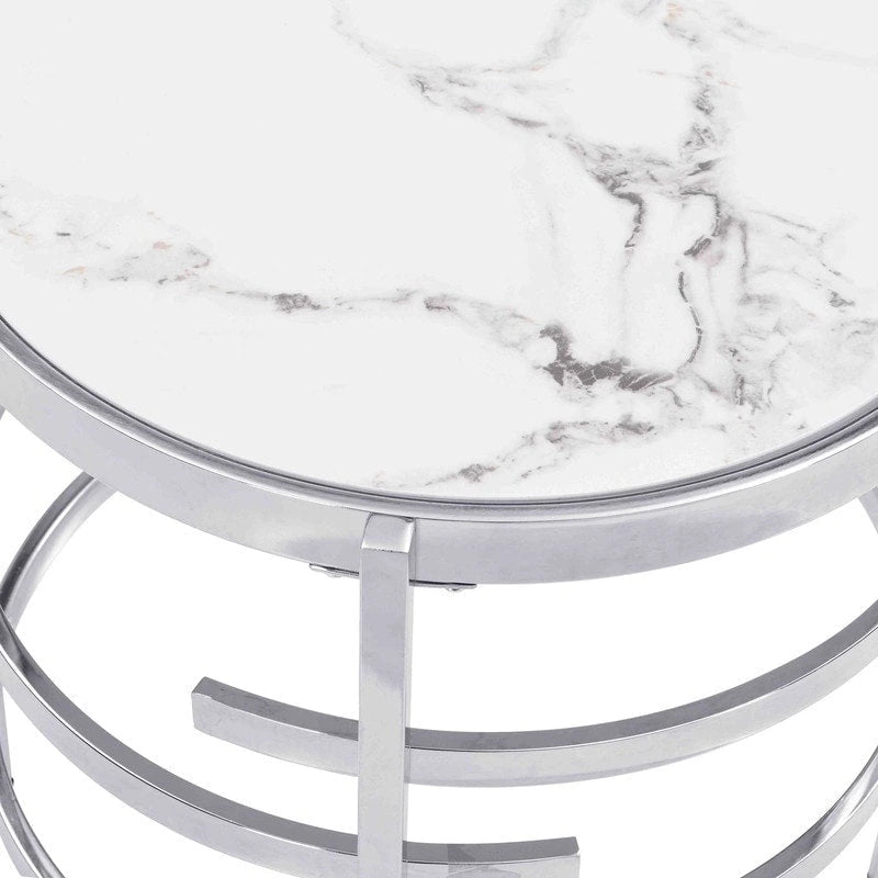 Modern Round End Table with Sintered Stone Top, Chrome/ Silver End Table for Living Room 20.67W x 20.67D x 21.65H