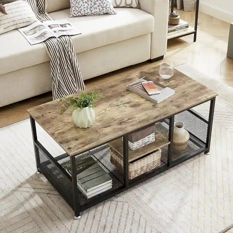 Industrial Rectangle Wood Coffee Table with Storage Shelf, Metal Frame Home Tea Table Desk