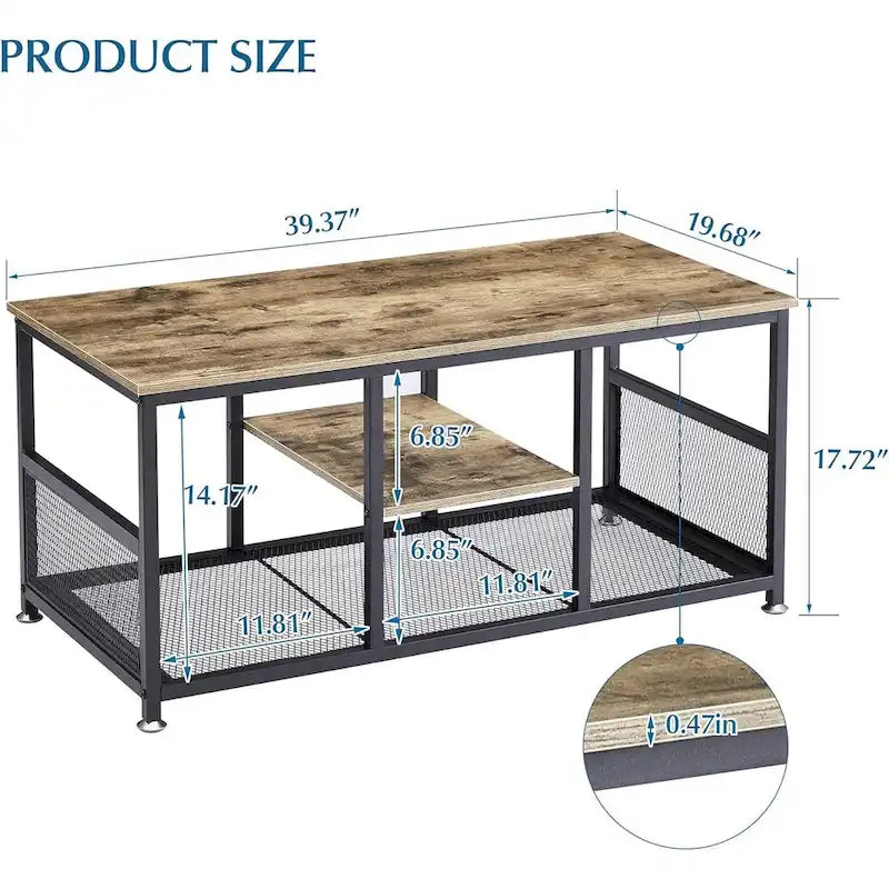Industrial Rectangle Wood Coffee Table with Storage Shelf, Metal Frame Home Tea Table Desk