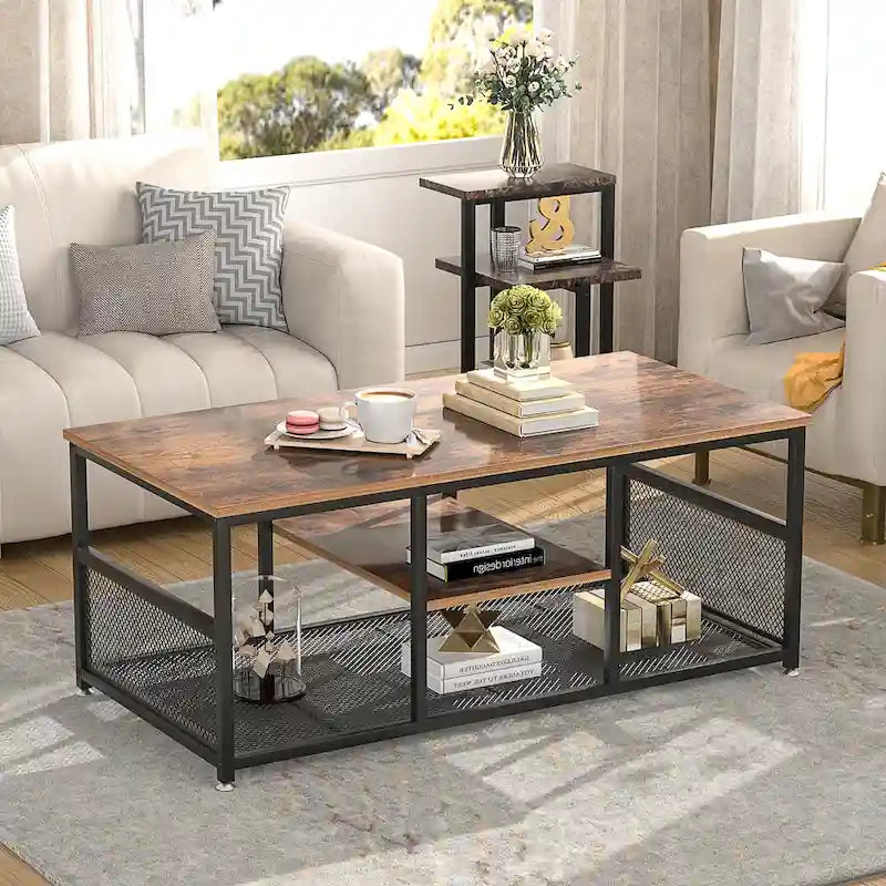 Industrial Rectangle Wood Coffee Table with Storage Shelf, Metal Frame Home Tea Table Desk