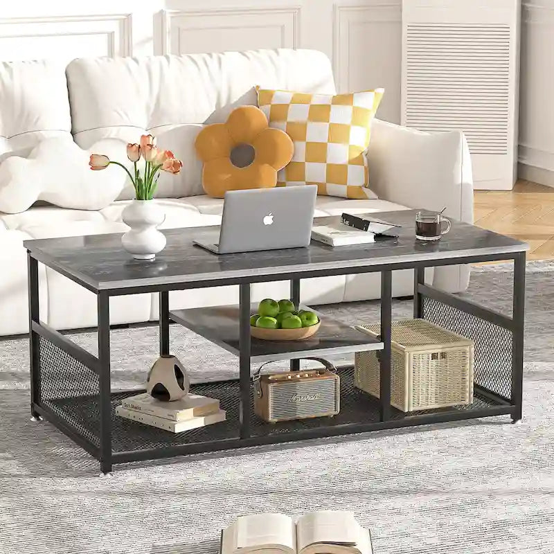 Industrial Rectangle Wood Coffee Table with Storage Shelf, Metal Frame Home Tea Table Desk