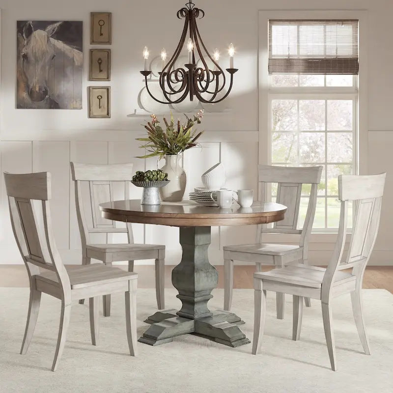 Eleanor Sage Green Round Solid Wood Top Panel Back 5-piece Dining Set by iNSPIRE Q Classic