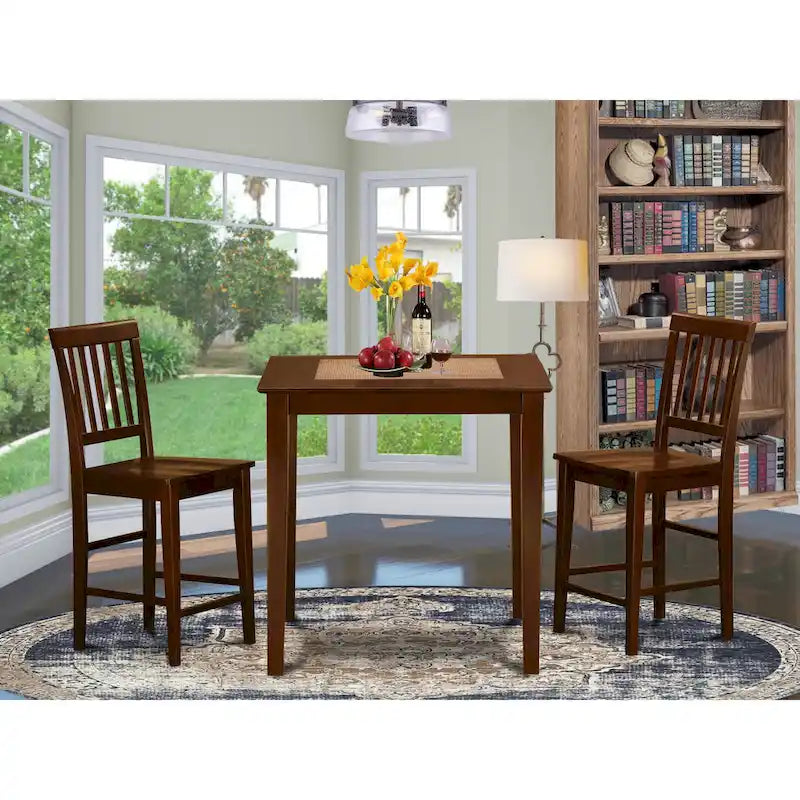 East West Furniture 3 Piece Counter Height Pub Set- a Square Dining Table and 2 Kitchen Chairs, Mahogany(Seat Type Options)