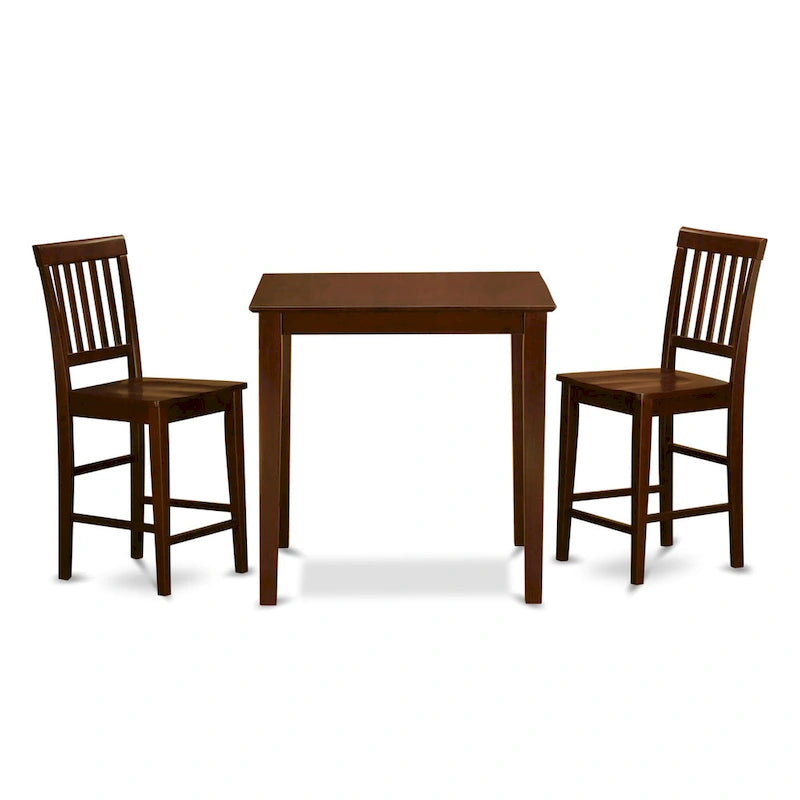 East West Furniture 3 Piece Counter Height Pub Set- a Square Dining Table and 2 Kitchen Chairs, Mahogany(Seat Type Options)