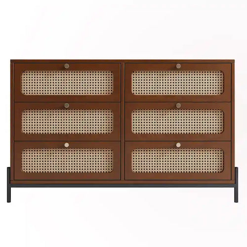 6-Drawer Rattan Wood Nightstand