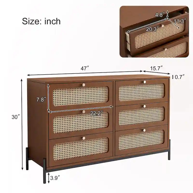 6-Drawer Rattan Wood Nightstand