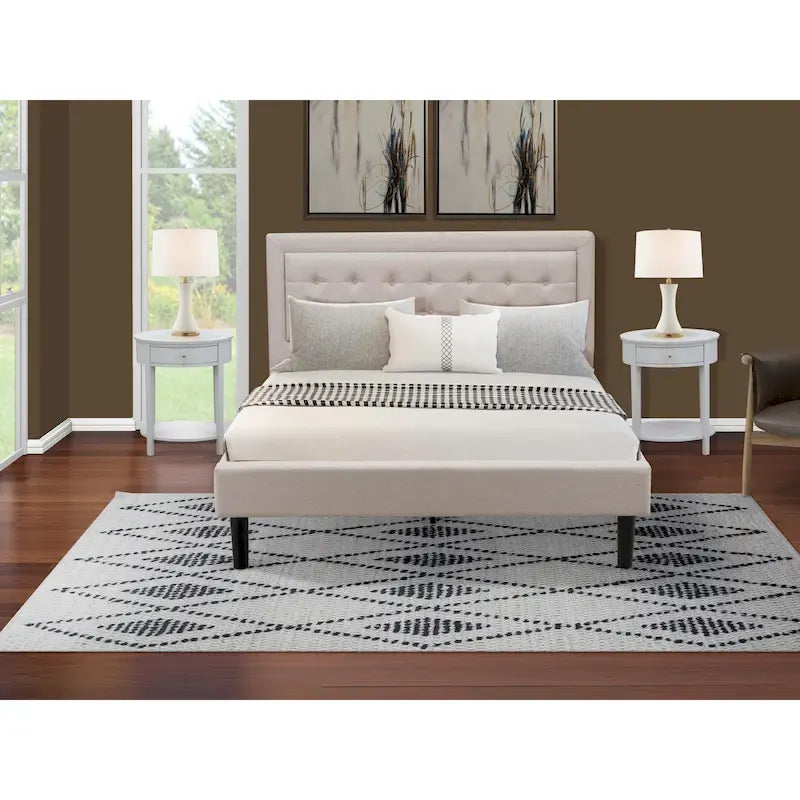 East West Furniture Platform Bed- Denim Linen Fabric Headboard with Button Tufted Trim Design - Black Legs(Size & Finish Option)