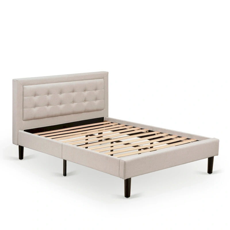 East West Furniture Platform Bed- Denim Linen Fabric Headboard with Button Tufted Trim Design - Black Legs(Size & Finish Option)