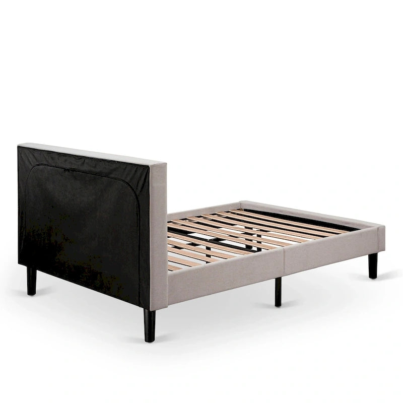 East West Furniture Platform Bed- Denim Linen Fabric Headboard with Button Tufted Trim Design - Black Legs(Size & Finish Option)